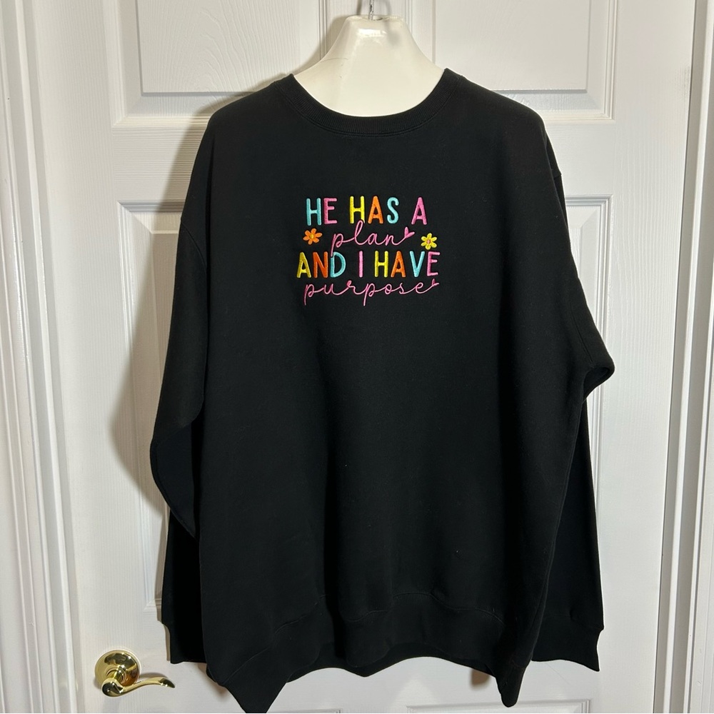 Love in Faith Black Crewneck Sweater with Multicolor Embroidery